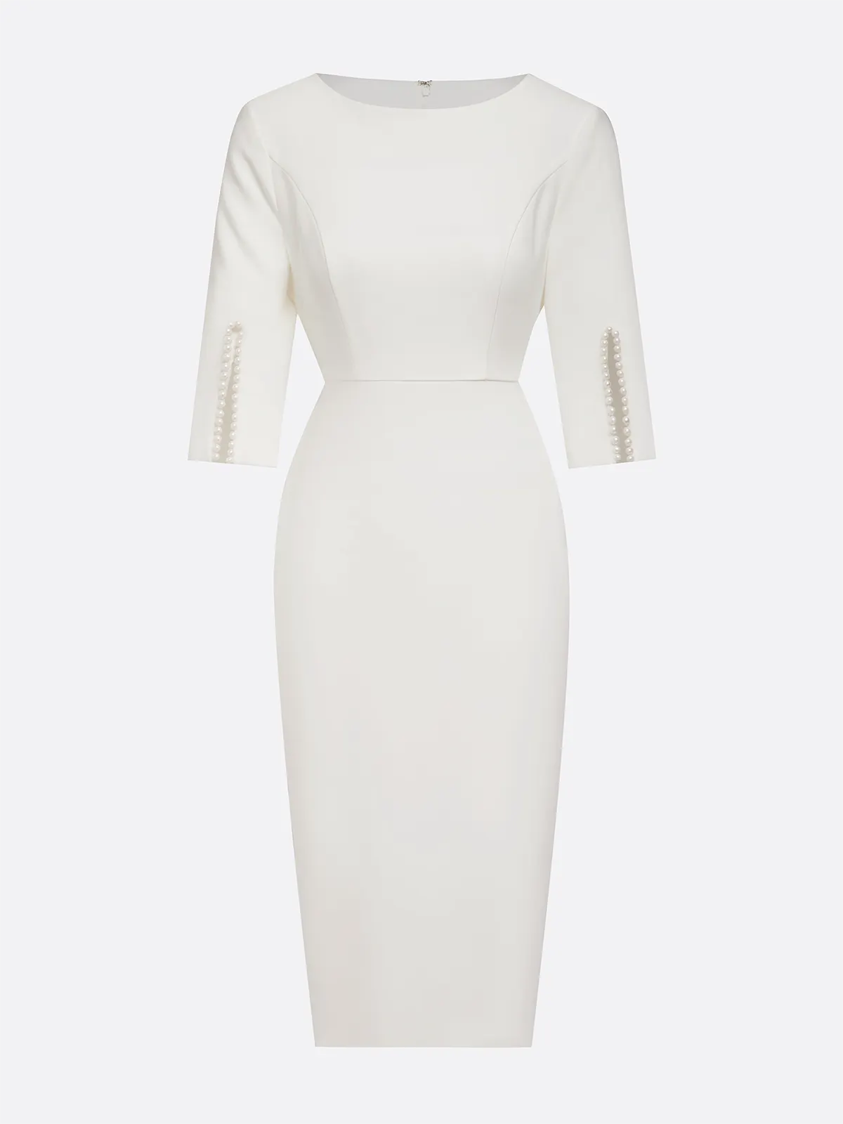 White Faux Pearl Classic Crew Neck Half Sleeve Sheath Midi Dress