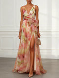 Pink Floral Bow Tulle V Neck Sleeveless A-Line Floor-length Gown Dress