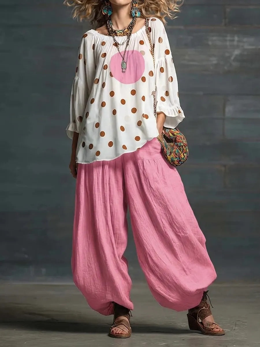 Artistic Color-block Polka Dot Cotton-linen Two-piece Set