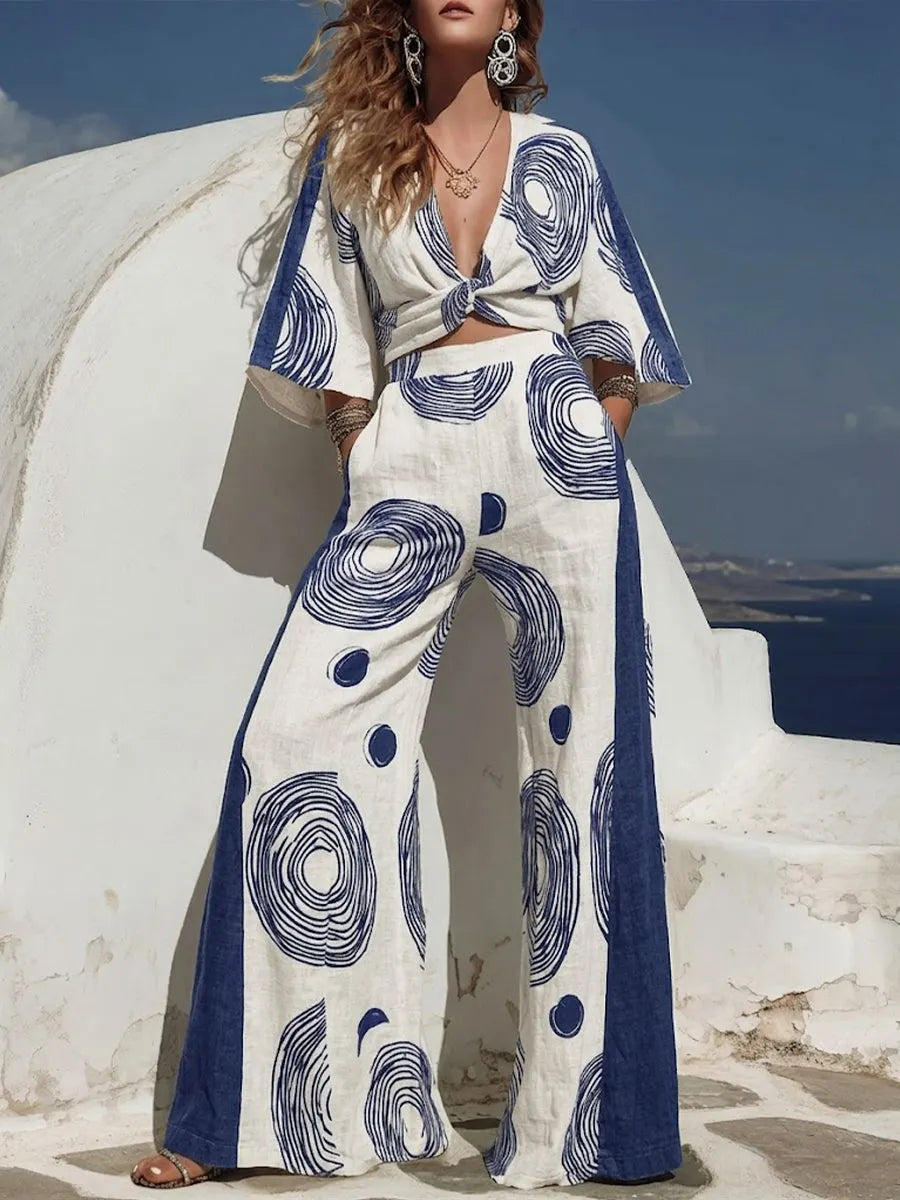 Casual Top And Pants With Artistic Print Two-piece Set