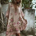 Boho Pink Roses Embroidered Lace Flowy Linen Midi Dress