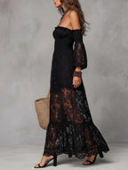 Black Smocked Off-Shoulder Lace Maxi Dress