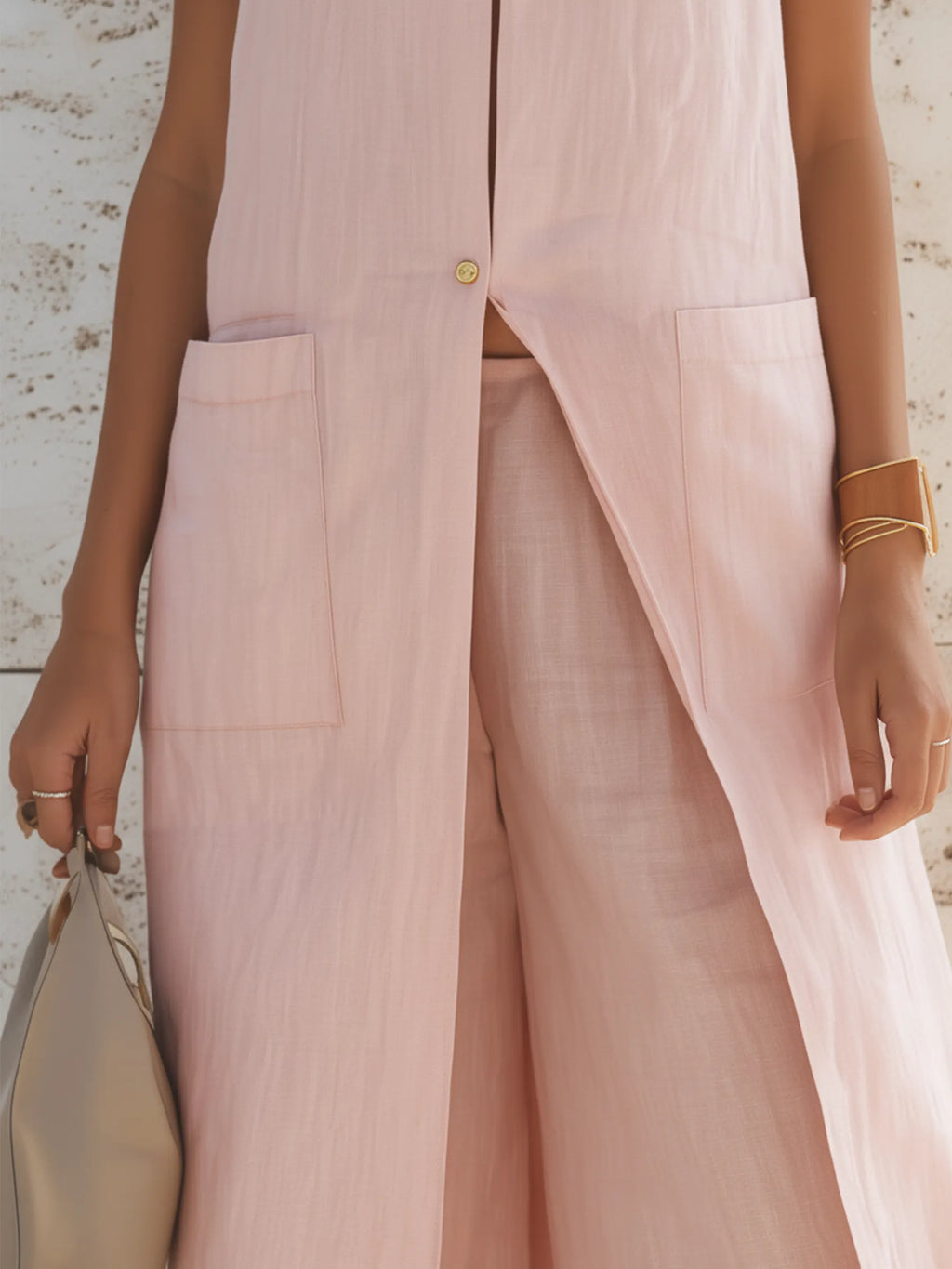 Blush Pink Linen-Blend Longline Vest & Wide-Leg Pants Two-Piece Set