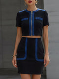 Black & Blue Color-Block Short-Sleeve Crop Top + Mini Skirt Two-Piece Set