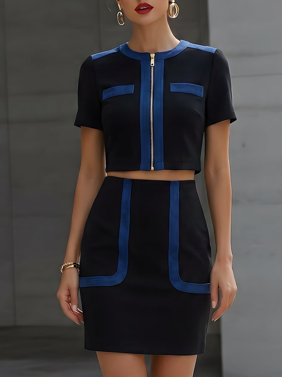 Black & Blue Color-Block Short-Sleeve Crop Top + Mini Skirt Two-Piece Set