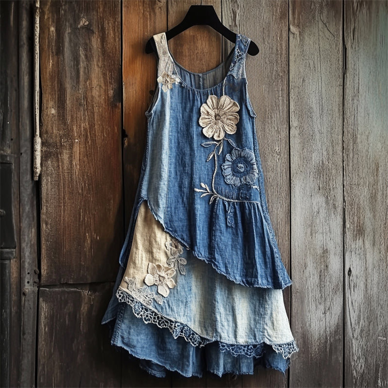 Flowers Denim Textile Lace Layered Tank Dress 3ead