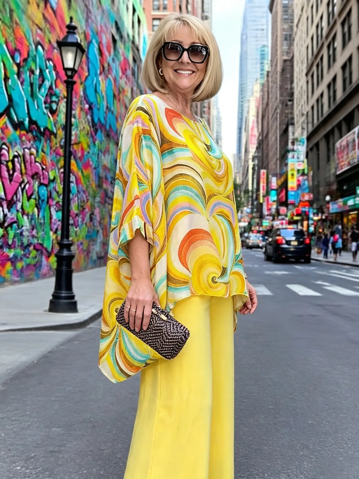 Vibrant Swirl Print Chiffon 2‐Piece Outfit, Loose Boat Neck Tunic Top & Bright Wide‐Leg Pants Set for Women