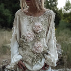 Vintage Pink Flowers Fiber Art Beaded Flowy Linen Tunic