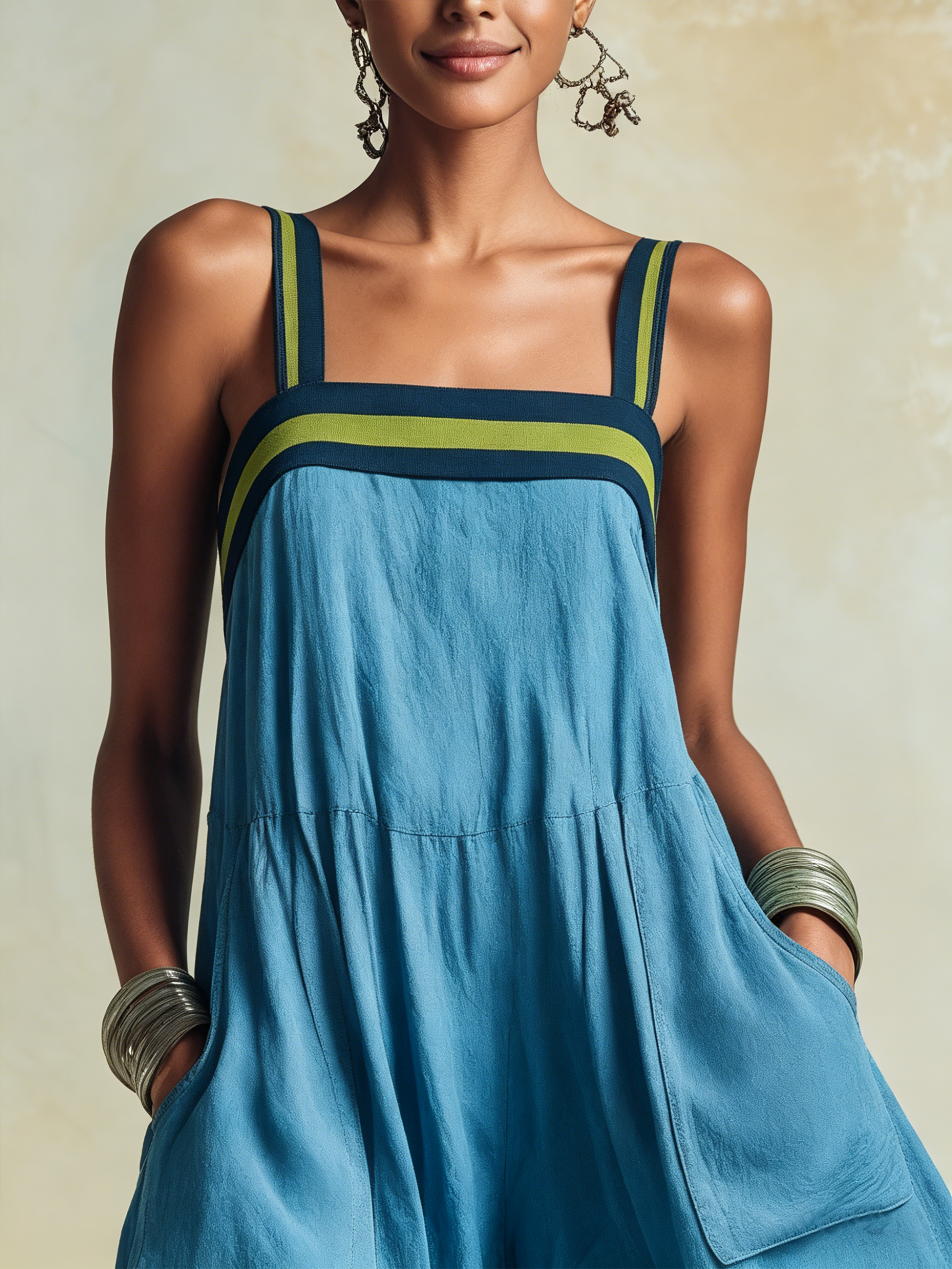 Airy Wide-Leg Tencel Jumpsuit – Bold Color-Block Trim