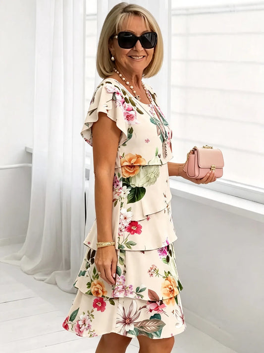 Women's Floral Print Tiered Chiffon Dress, Short Flutter Sleeve Loose Multi-Layer Tummy Covering Shift Dress, Casual Summer Flowy Dress for Daily Vacation Beach