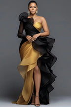 Red Black Two‑Tone Ruffle Formal Maxi Dress