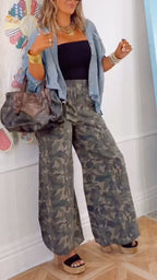Denim Cropped Shirt & Camo Wide Leg Pants Set
