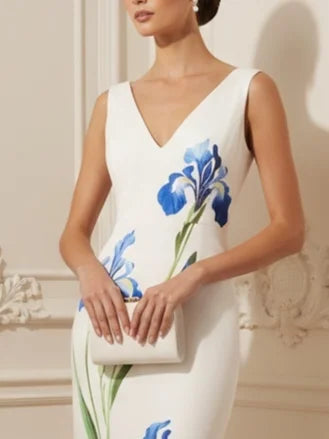 White Floral Classic V Neck Sleeveless A-Line Gown Dress