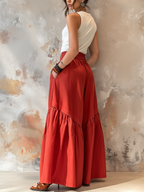 Red Tiered Wide-Leg Palazzo Pants With Elastic Waist & Pockets