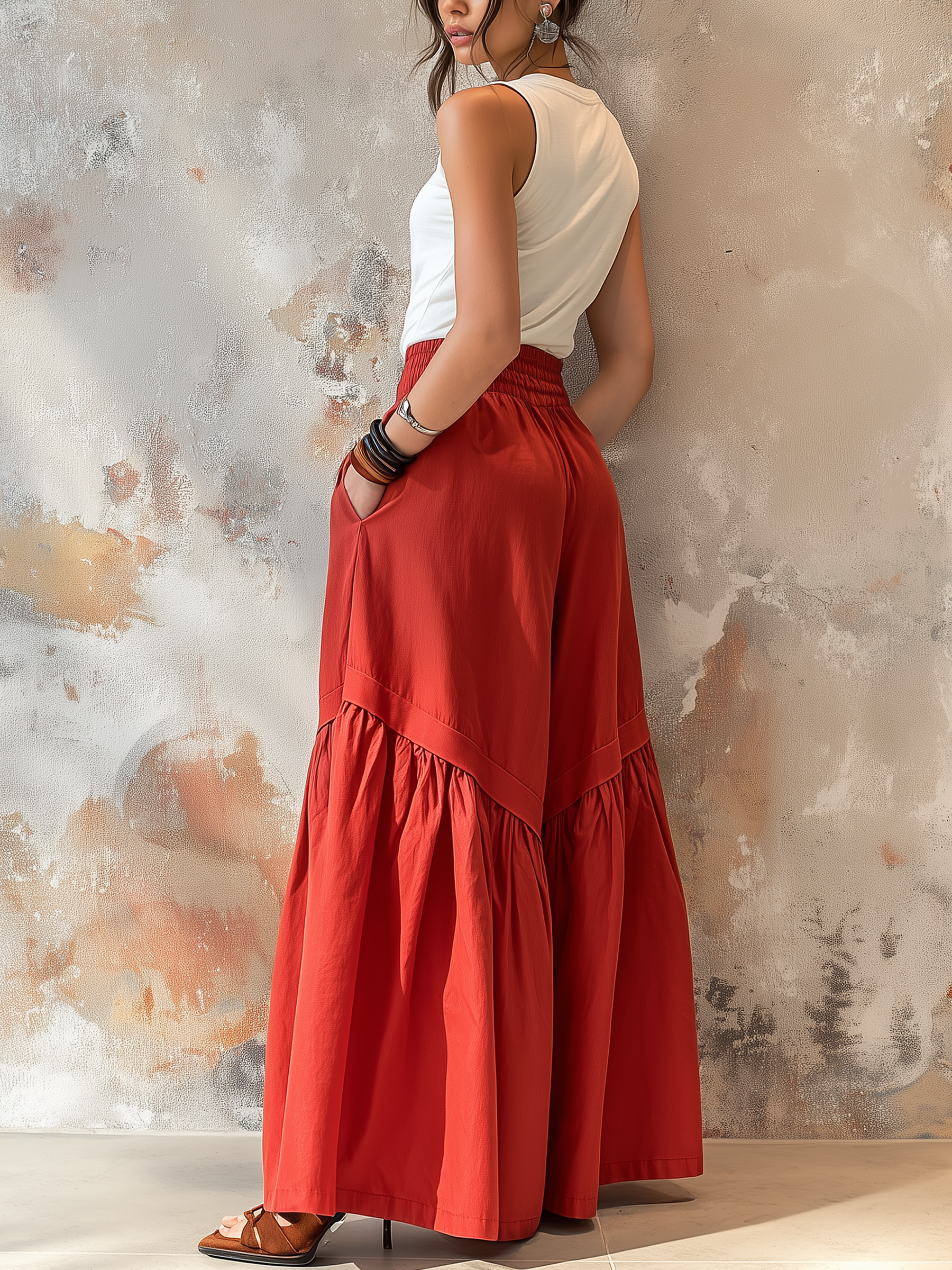 Red Tiered Wide-Leg Palazzo Pants With Elastic Waist & Pockets