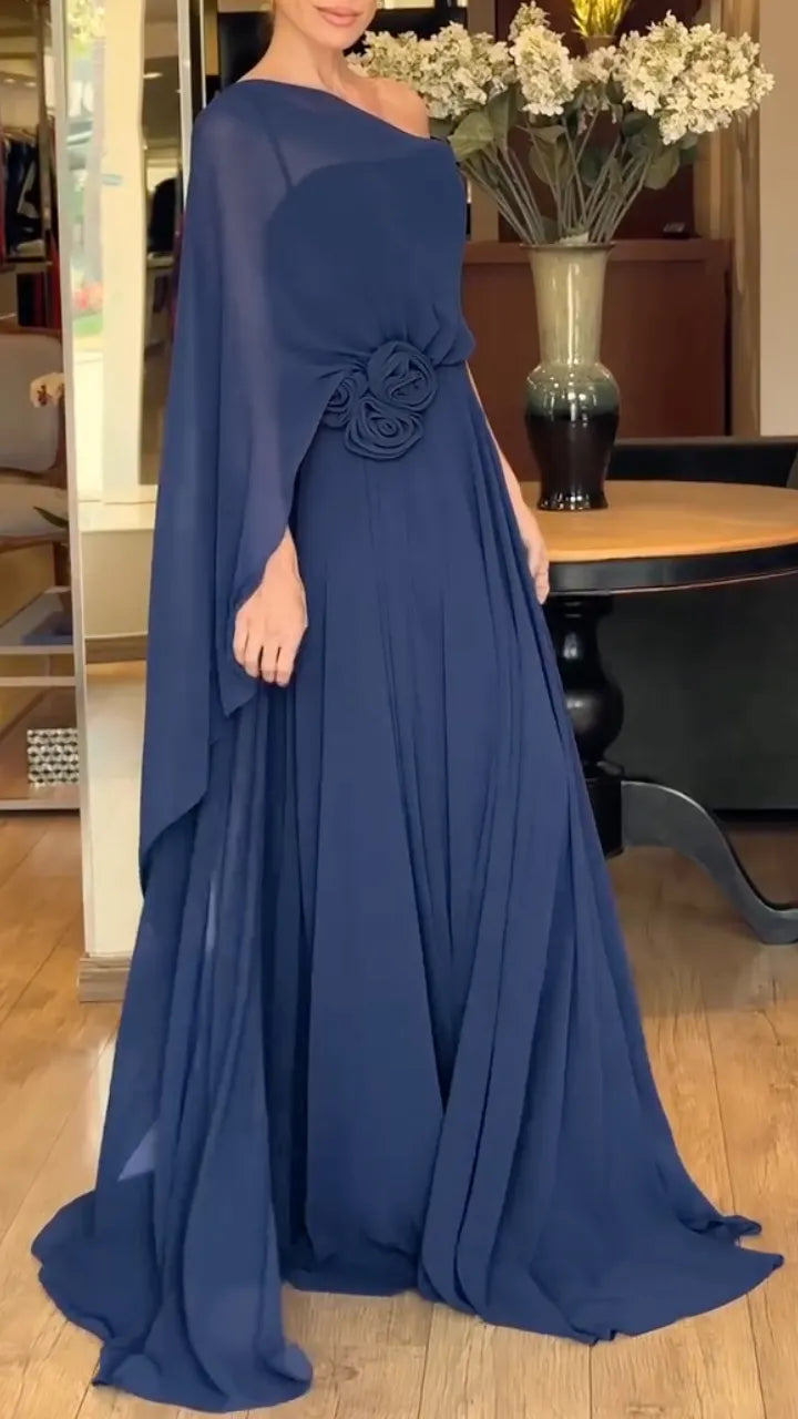 One Shoulder Cape Sleeve Floral Detail Chiffon Maxi Dress