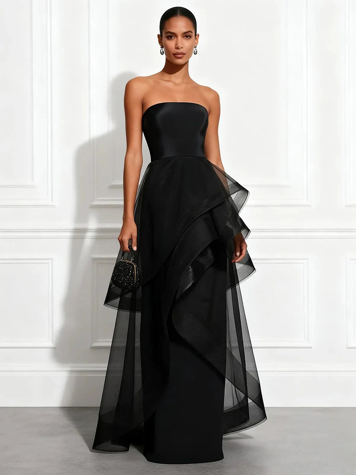 Black Mesh Ruffled Satin Strapless Sleeveless A-Line Floor-length Gown Dress
