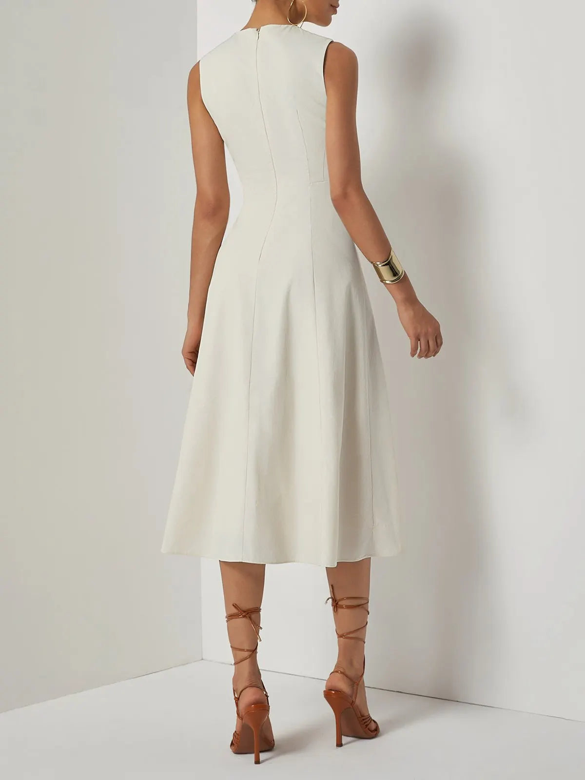 Apricot Lyocell Cotton Crew Neck Sleeveless A-Line Midi Dress
