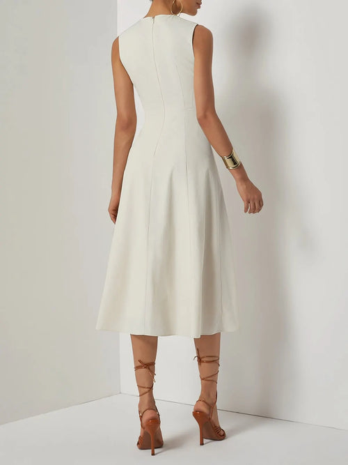 Apricot Lyocell Cotton Crew Neck Sleeveless A-Line Midi Dress