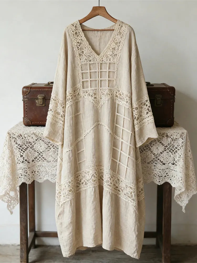 Boho Geometric Lace Floral Patchwork Vintage Women's Linen V-neck Maxi Dress