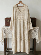 Boho Geometric Lace Floral Patchwork Vintage Women's Linen V-neck Maxi Dress
