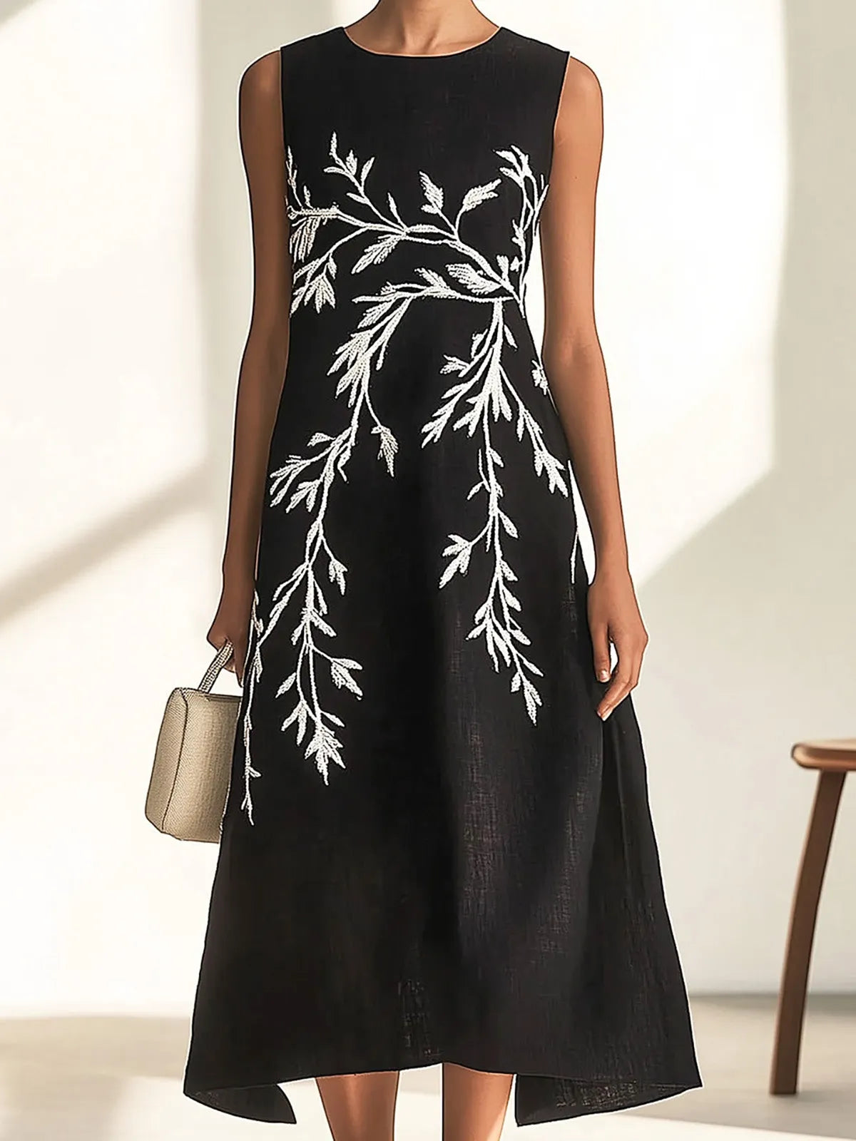 Stylish Black Linen Dress with Embroidered Details