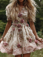 Women's Flowers Embroidery Art V-neck Short Sleeves Mini Dress