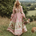 Vintage Bunny With Floral Art Women's Linen Long Sleeve Maxi V-neck Dress