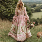 Vintage Bunny With Floral Art Women's Linen Long Sleeve Maxi V-neck Dress