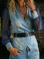 Women's Fashionably Elegant, Slim-fitting Denim Jacket With Organza Sleeves