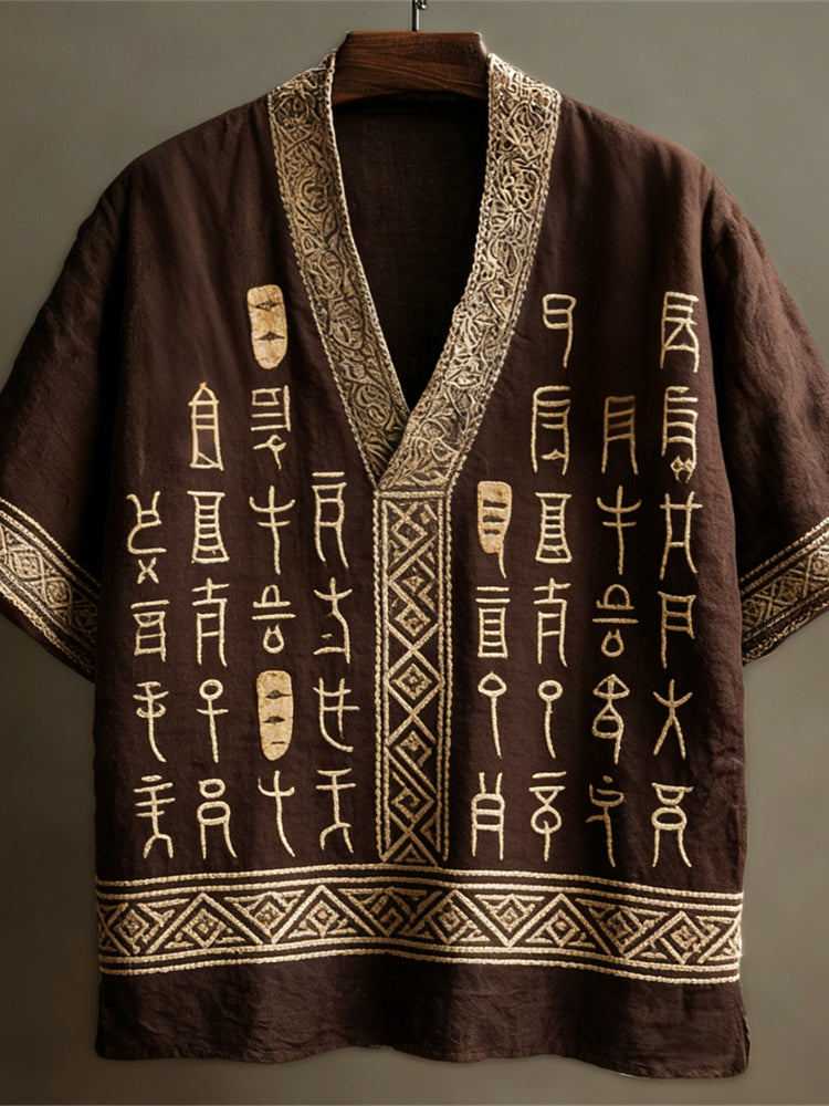 Vintage Geometric Text Art Linen V-neck Shirt