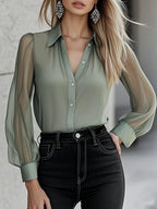 (sale)Chic Timeless Sheer Sleeve Button-Up Shirt
