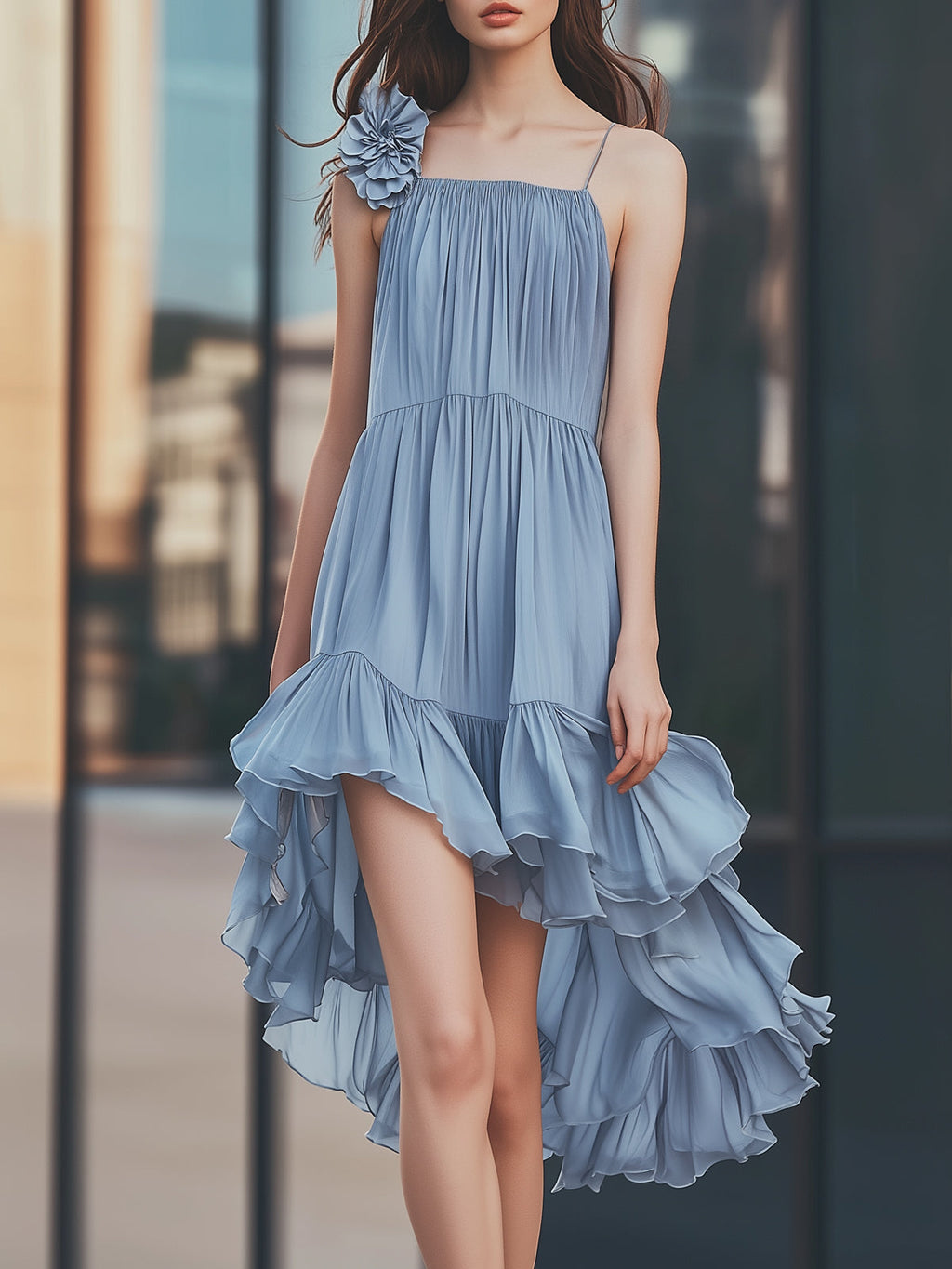 Elegant Irregular Hem 3D Flower Dress