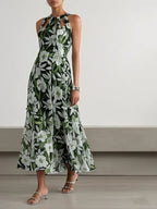 Green Floral Hollow Out Chiffon Halter Crew Neck Sleeveless A-Line Maxi Dress