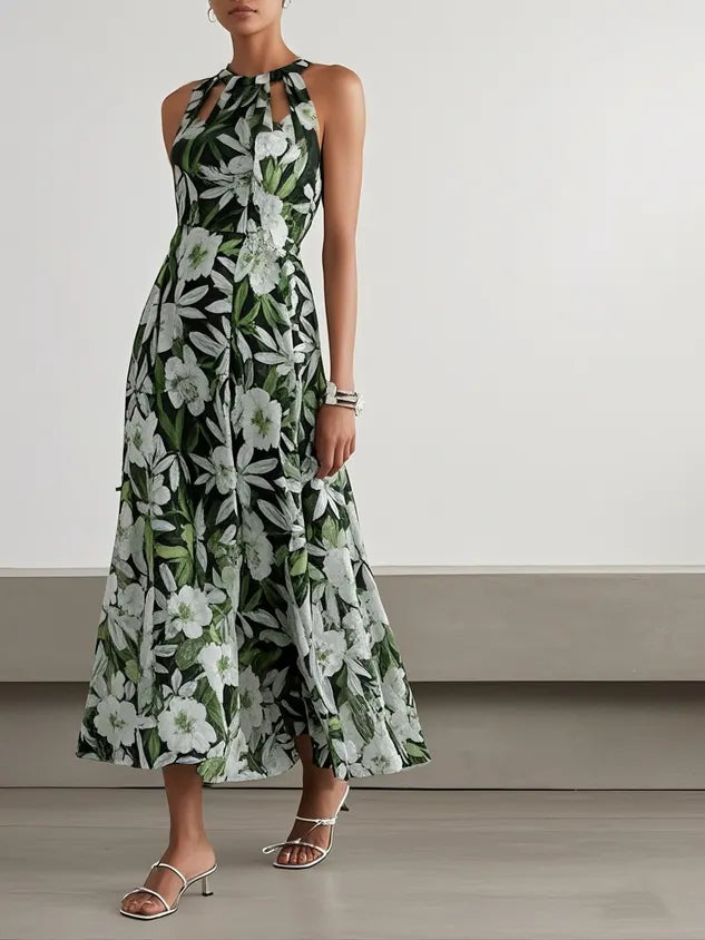 Green Floral Hollow Out Chiffon Halter Crew Neck Sleeveless A-Line Maxi Dress