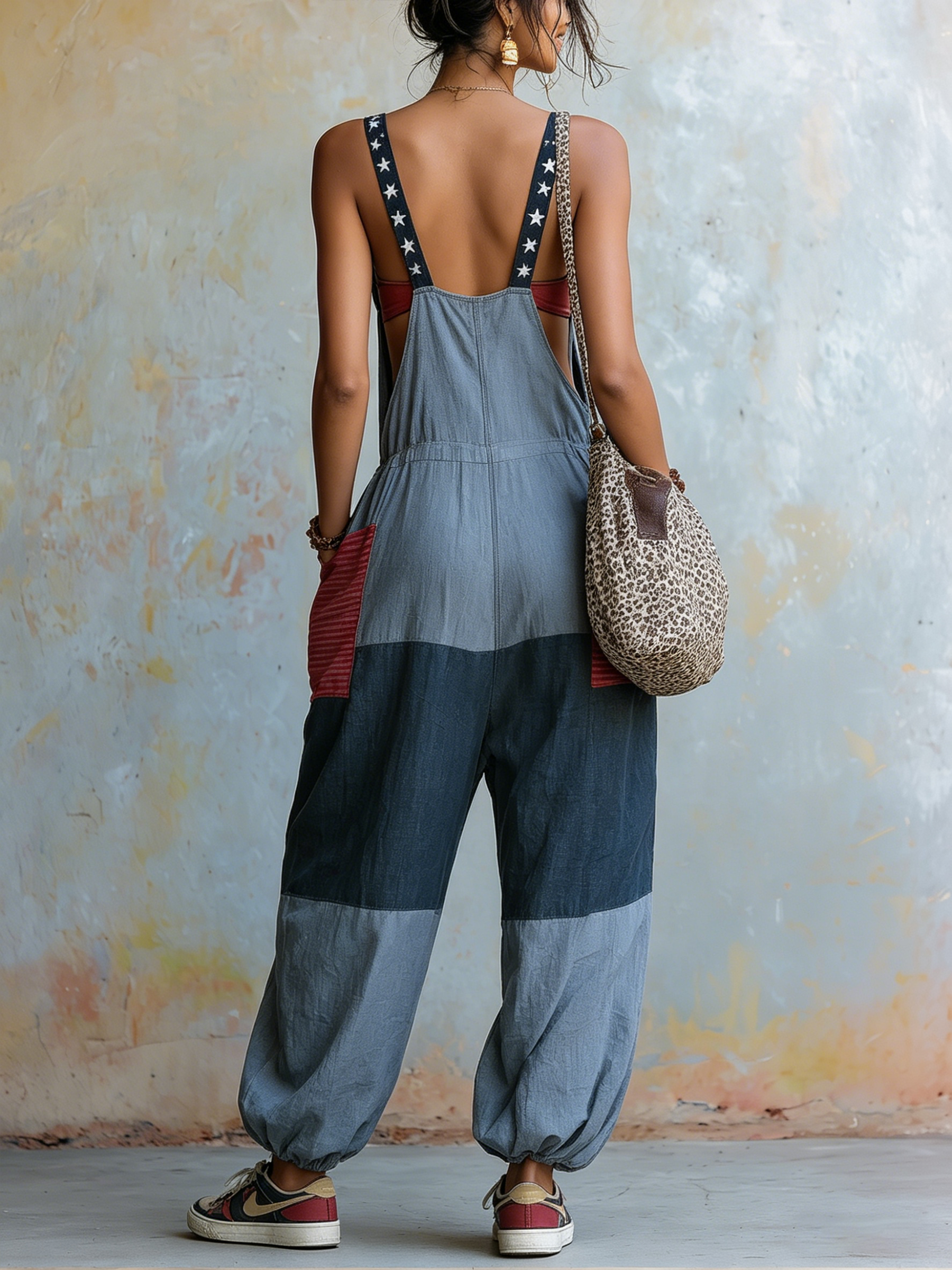 Bohemian Patchwork Harem Jumpsuit | Retro Star-Stripe Overalls