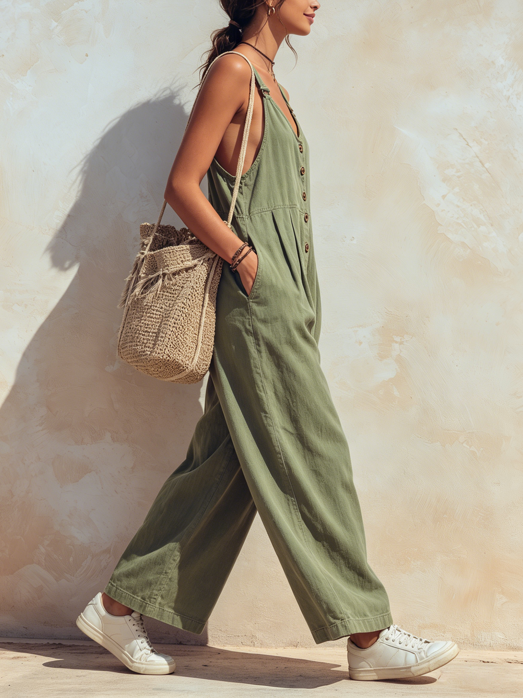 V-Neck Button Front Wide-Leg Denim Overalls