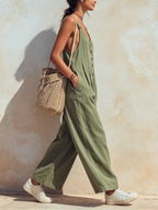 V-Neck Button Front Wide-Leg Denim Overalls