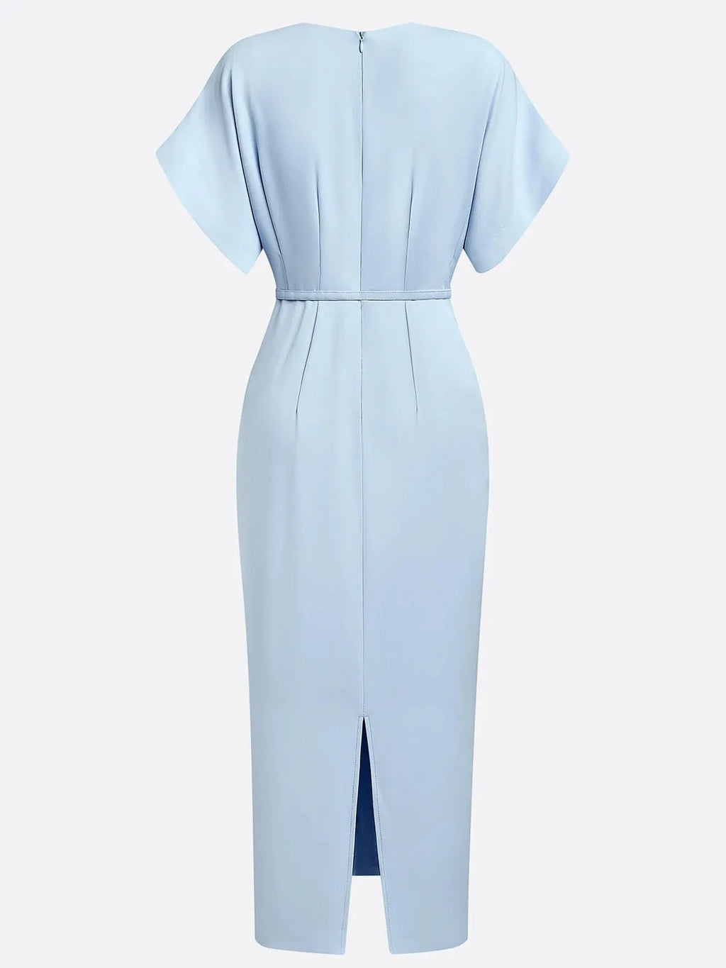 Light Blue Slit Classic V Neck Short Sleeve Dolman Sleeve Sheath Midi Dress With Belt