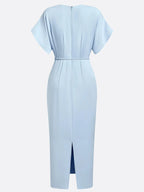 Light Blue Slit Classic V Neck Short Sleeve Dolman Sleeve Sheath Midi Dress With Belt