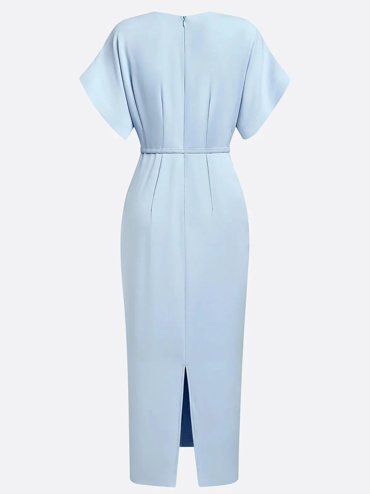 Light Blue Slit Classic V Neck Short Sleeve Dolman Sleeve Sheath Midi Dress With Belt