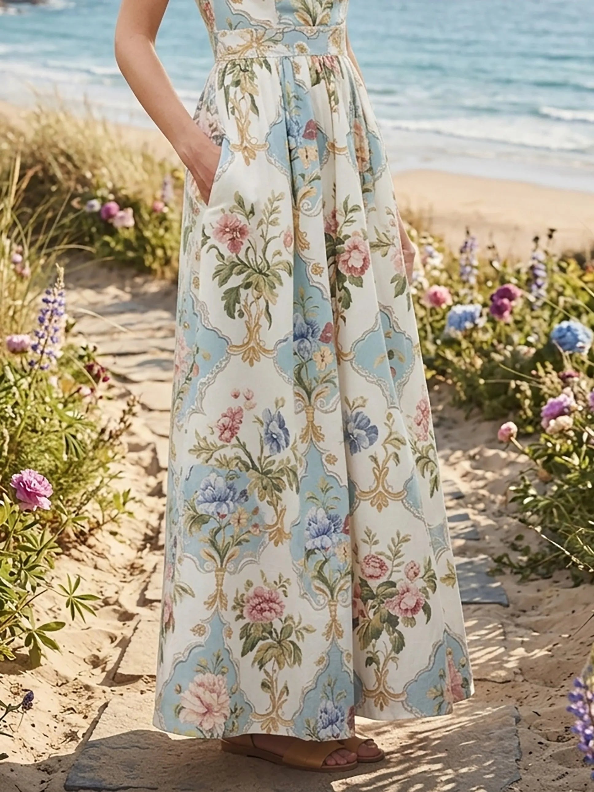 Maxi Linen Dress, Cap Sleeves, Lace Collar, Floral, Lace, Vacation, Vintage, White