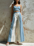 Blue & White Colorblock Linen Wide Leg Pants