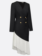 Black Irregular Craftsmanship Pleated Blazer V Neck Long Sleeve Sheath Midi Dress