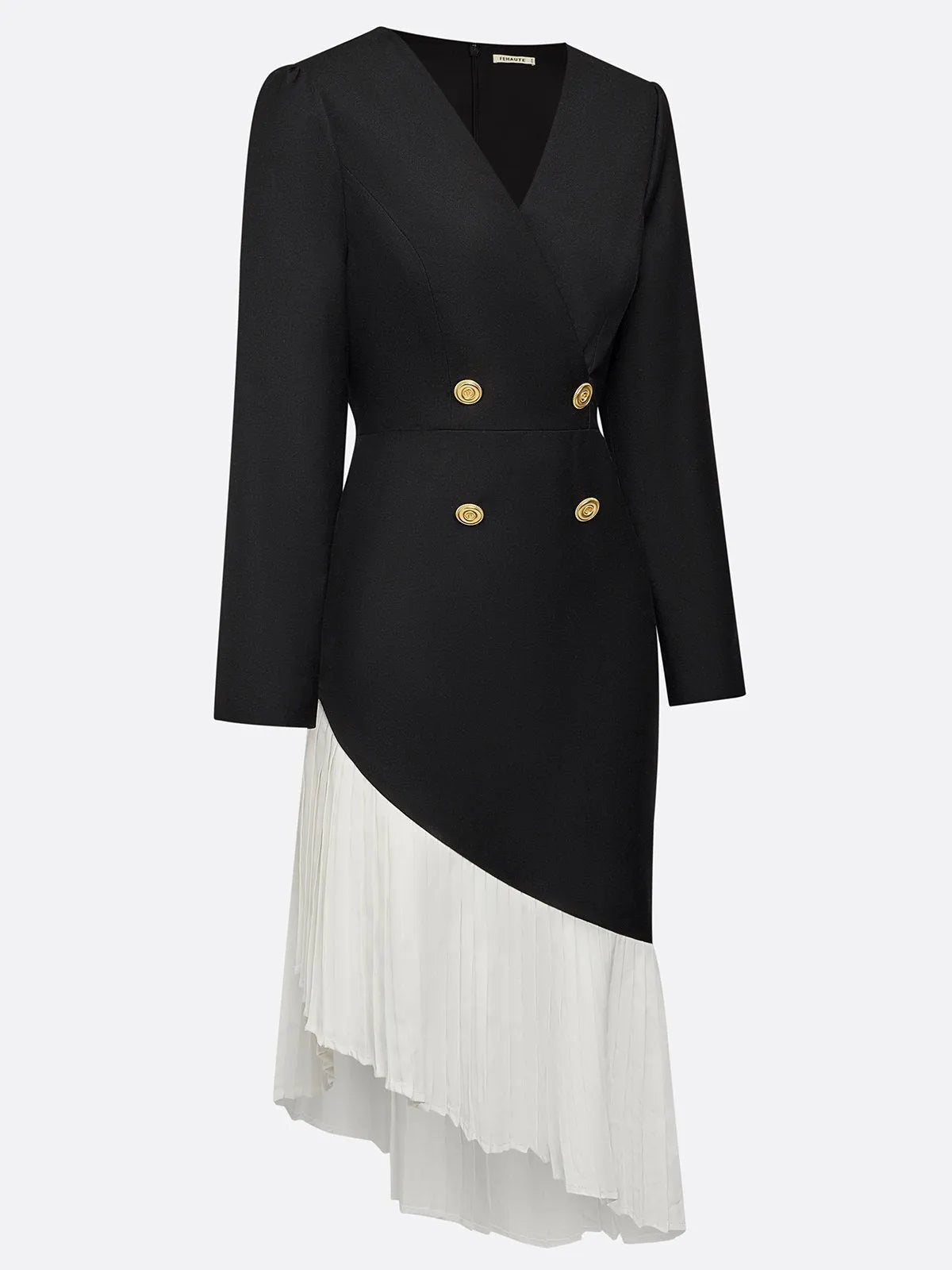 Black Irregular Craftsmanship Pleated Blazer V Neck Long Sleeve Sheath Midi Dress