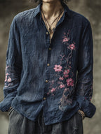 Vintage Japanese Sakura Embroidery Men's Linen Long Sleeve Shirt