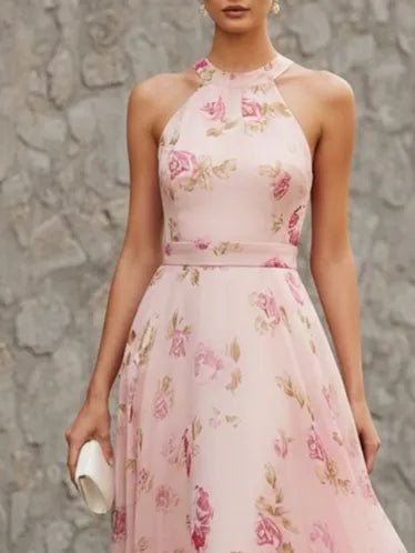 Pink Classic Floral Halter Short Sleeve A-Line Maxi Dress