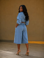 Denim Hooded Crop Top & Wide Leg Bermuda Shorts Two Piece Set