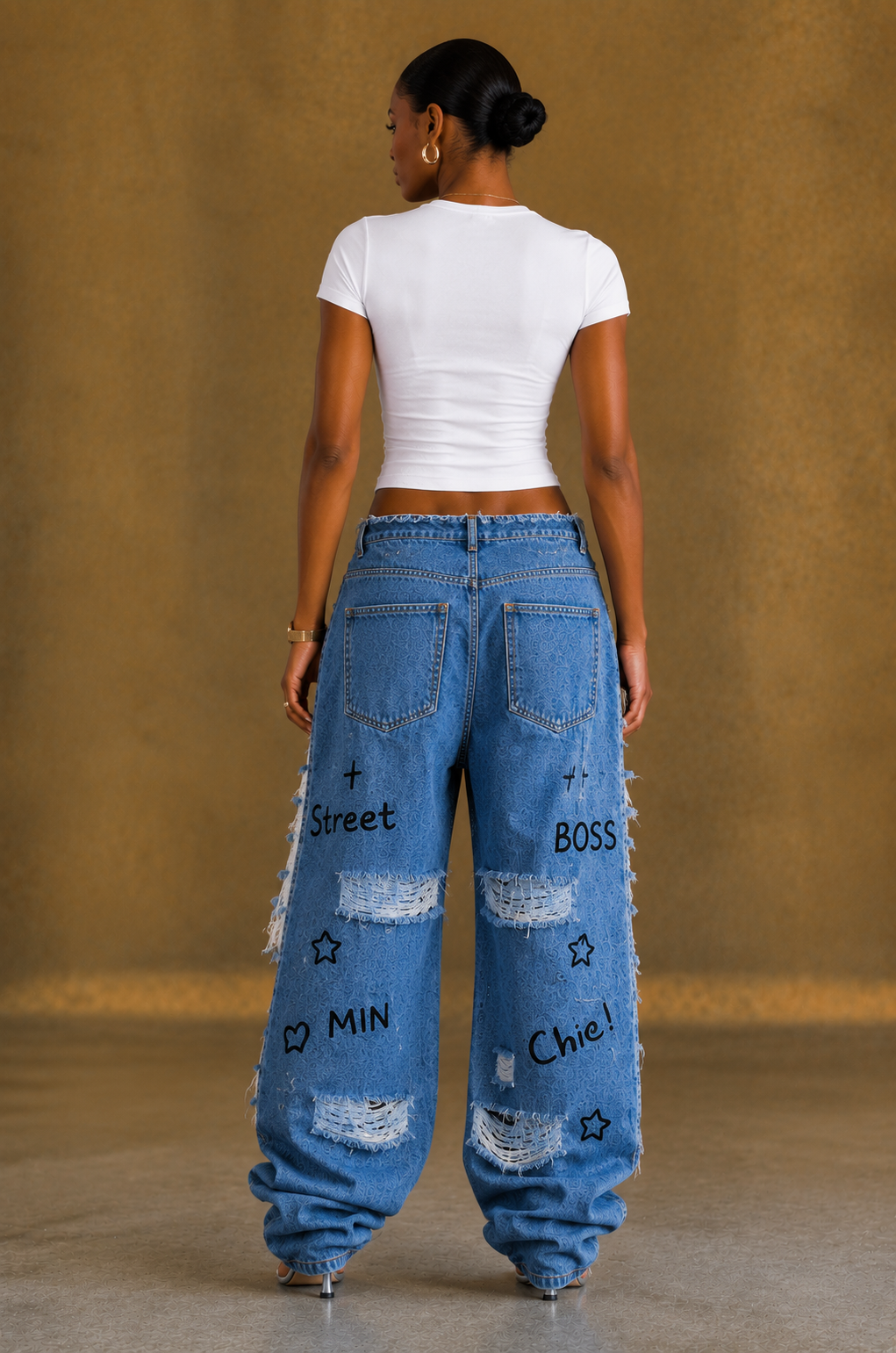 Graffiti Ripped Wide Leg Denim Jeans