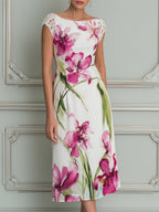 Elegant Floral Lace Sleeve Midi Dress